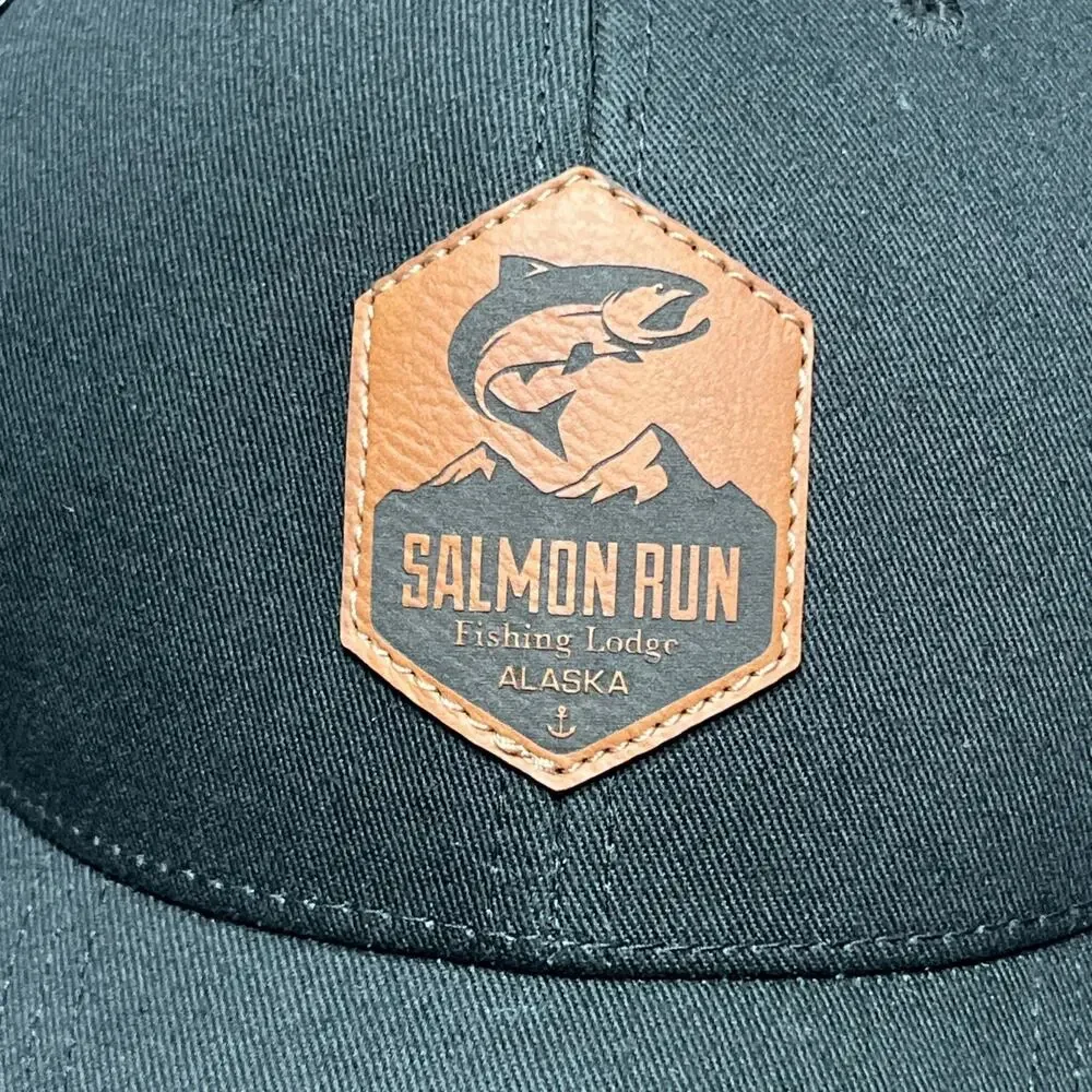 Salmon Run Fishing Lodge Alaska Mesh Back Truckers Cap Adjustable SnapBack.
